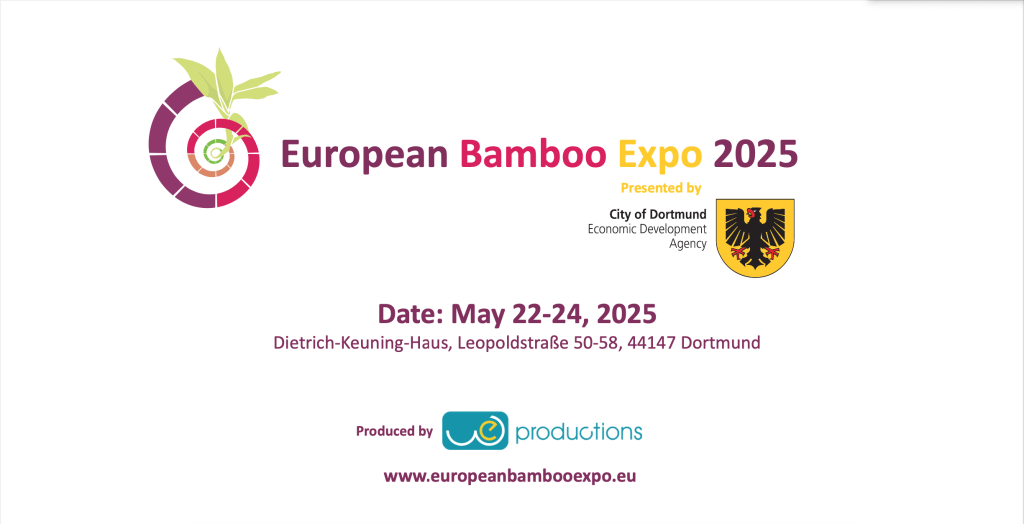 A white background with a logo saying European Bamboo Expo 2025 with key sponsor info, dates: 22 - 24 May 2025.