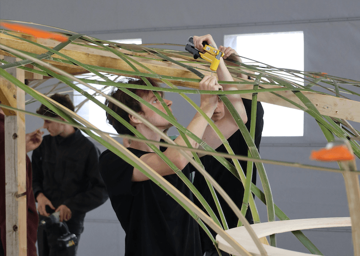 Someone working with green bamboo splits.